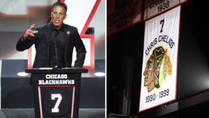 TV: Chris Chelios tröja hissad av Chicago Blackhawks