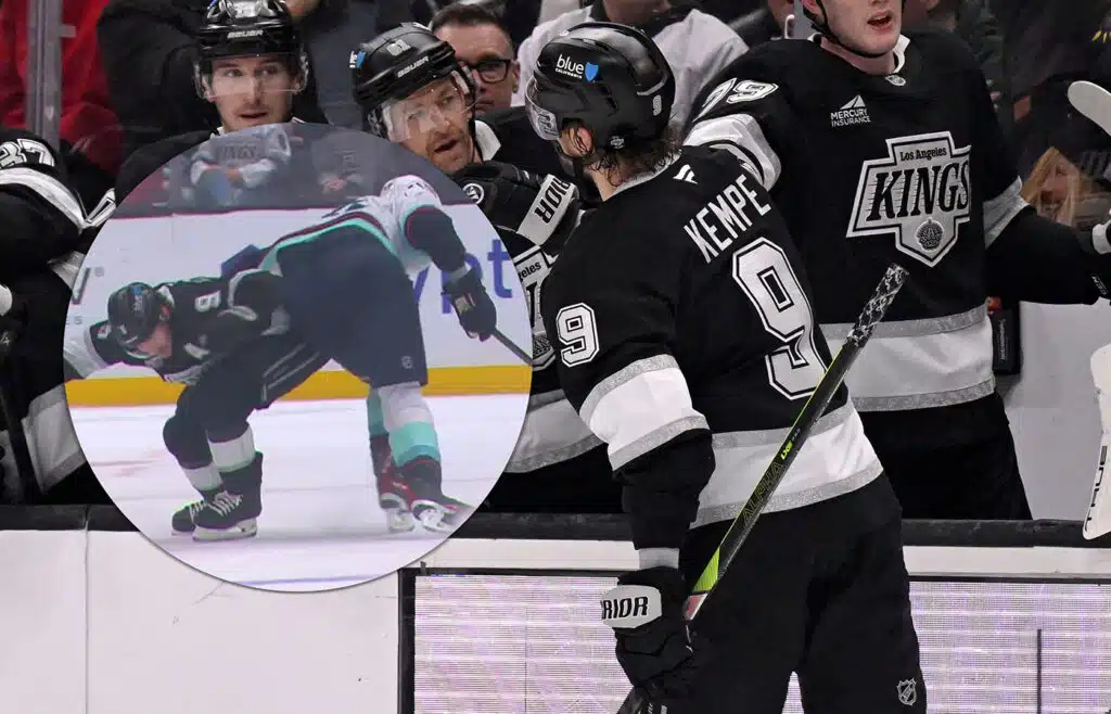 Adrian Kempe, tackling, Los Angeles Kings.