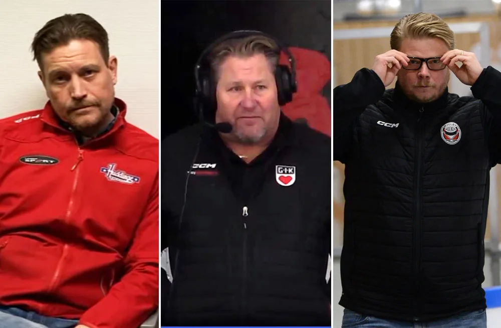 Fredrik Mälberg, Andreas Appelgren och Jens Brändström kommer byta namn inför kommande säsong. Foto: Skärmdump/Elin Lundgren-Mjölby Hockey